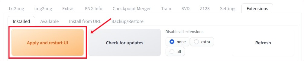 스테이블 디퓨전 확장기능 설치 방법.
Apply and restart UI 클릭합니다.