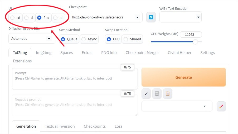 WebUI Forge의 최신 버전 실행 화면을 보여줍니다. 사용자 인터페이스(UI)는 기존 WebUI와 유사하며, 주요 기능이 직관적으로 배치되어 있습니다.