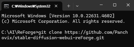 ReForge 설치를 위한 git clone 명령어 실행 화면 (Windows 명령 프롬프트)