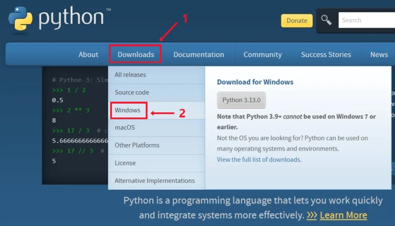 Python official website download section. Python 공식 홈페이지의 다운로드 메뉴를 캡처한 화면. Downloads 메뉴에서 Windows 항목이 선택되어 있으며, Python 3.13.0 버전을 다운로드할 수 있는 안내가 표시되어 있다.