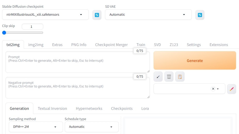 Stable Diffusion WebUI ReForge 메인 인터페이스 스크린샷 (txt2img 탭, 프롬프트 입력창)