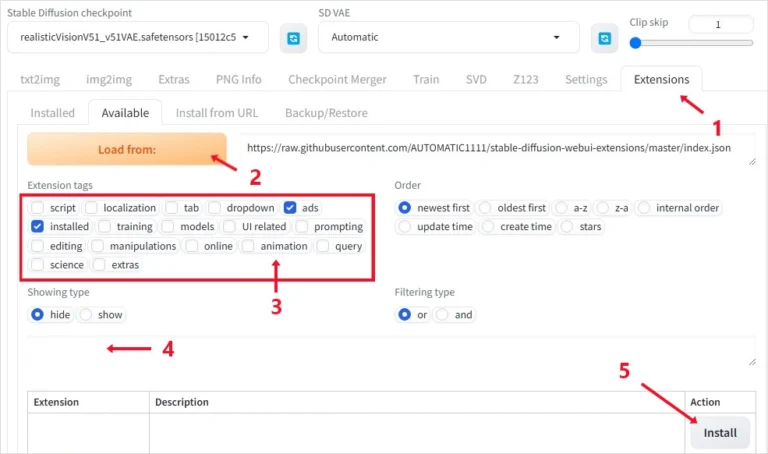webui Extensions 탭에서 확장 기능 설치