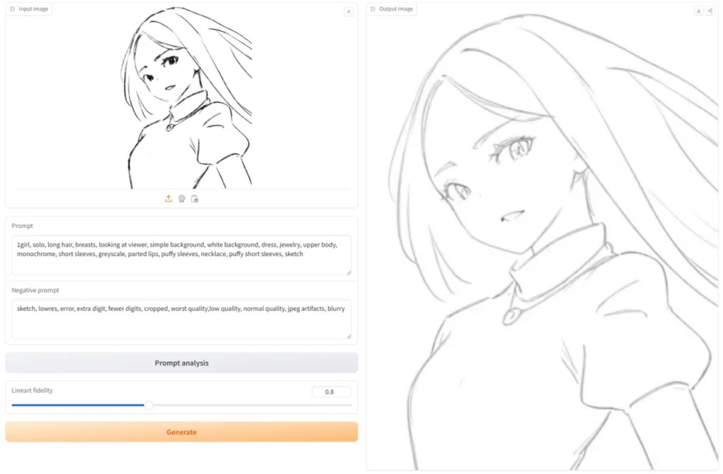 "Sketch2Lineart 도구에서 Linear Fidelity 값을 0.8로 설정하여 변환 테스트를 진행한 결과 이미지.