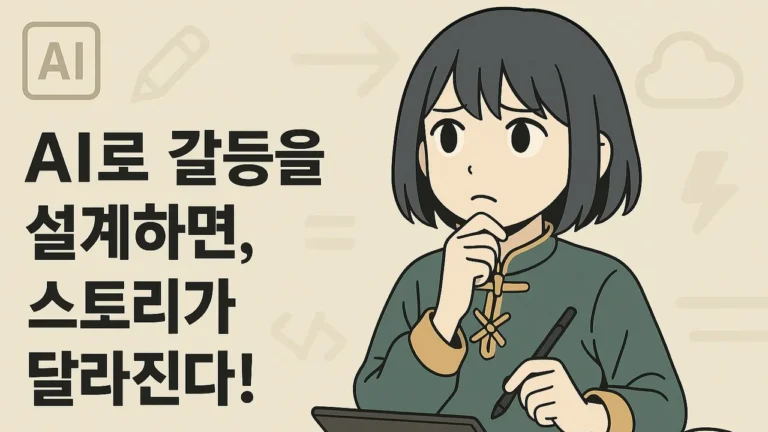 챗GPT를 활용한 스토리 갈등 설계 방법을 설명하는 글의 썸네일 이미지. 태블릿으로 작업하며 생각에 잠긴 캐릭터가 그려져 있다.