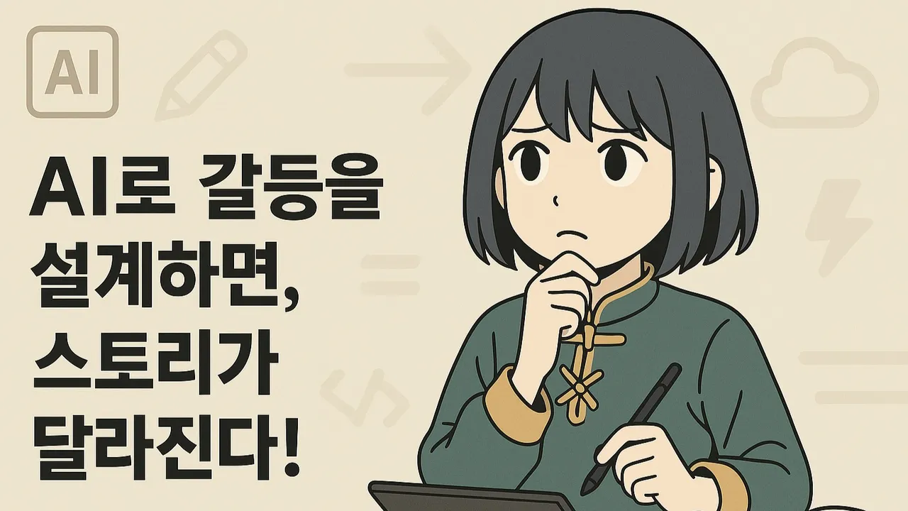 챗GPT를 활용한 스토리 갈등 설계 방법을 설명하는 글의 썸네일 이미지. 태블릿으로 작업하며 생각에 잠긴 캐릭터가 그려져 있다.