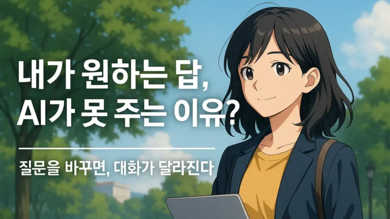 챗GPT 프롬프트 엔지니어링 기초. 공원길을 걸으며 노트북을 든 채 미소 짓는 검은 머리 여성 캐릭터. 왼쪽에는 '내가 원하는 답, AI가 못 주는 이유?'라는 문구와 '질문을 바꾸면, 대화가 달라진다'라는 부제목이 한글로 쓰여 있다.