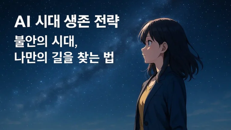 밤하늘이 가득한 옥상에서 도시를 내려다보며 앞을 응시하는 젊은 여성. "AI 시대 생존 전략, 불안의 시대, 나만의 길을 찾는 법"이라는 문구가 별이 빛나는 배경 위에 떠 있다.