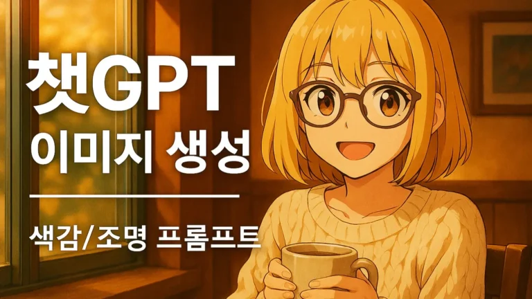 따뜻한 카페 창가에서 미소 지으며 머그컵을 들고 있는 금발 안경 소녀. 이미지 왼쪽에는 ‘챗GPT 이미지 생성, 색감/조명 프롬프트’라는 한국어 텍스트가 크게 쓰여 있으며, 전체적으로 부드러운 황금빛 조명과 따뜻한 분위기가 강조된 애니메이션 스타일 일러스트.