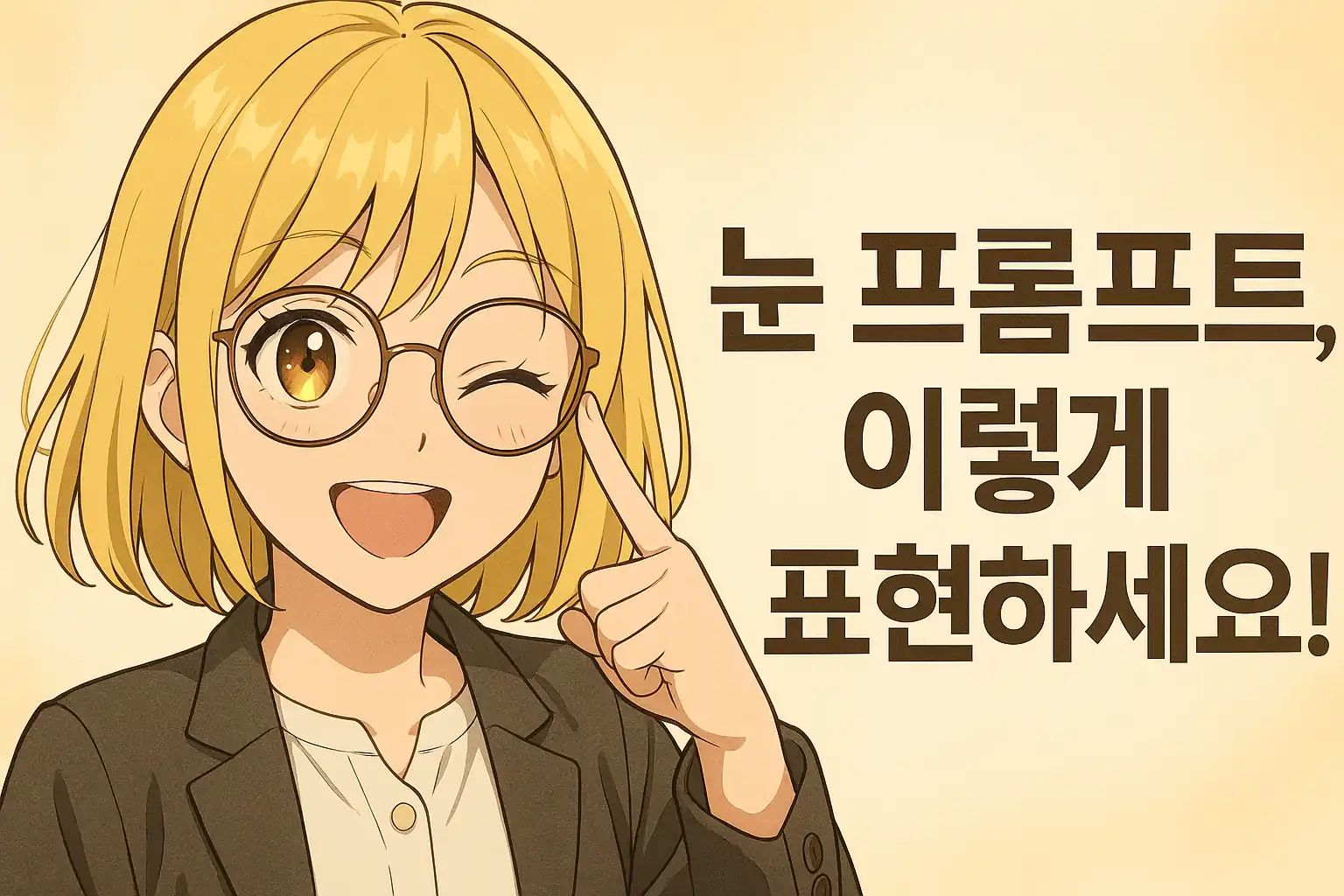 밝은 금발에 안경을 쓴 소녀가 윙크하며 눈을 가리키고, '눈 프롬프트, 이렇게 표현하세요!' 문구가 함께 있는 일러스트
