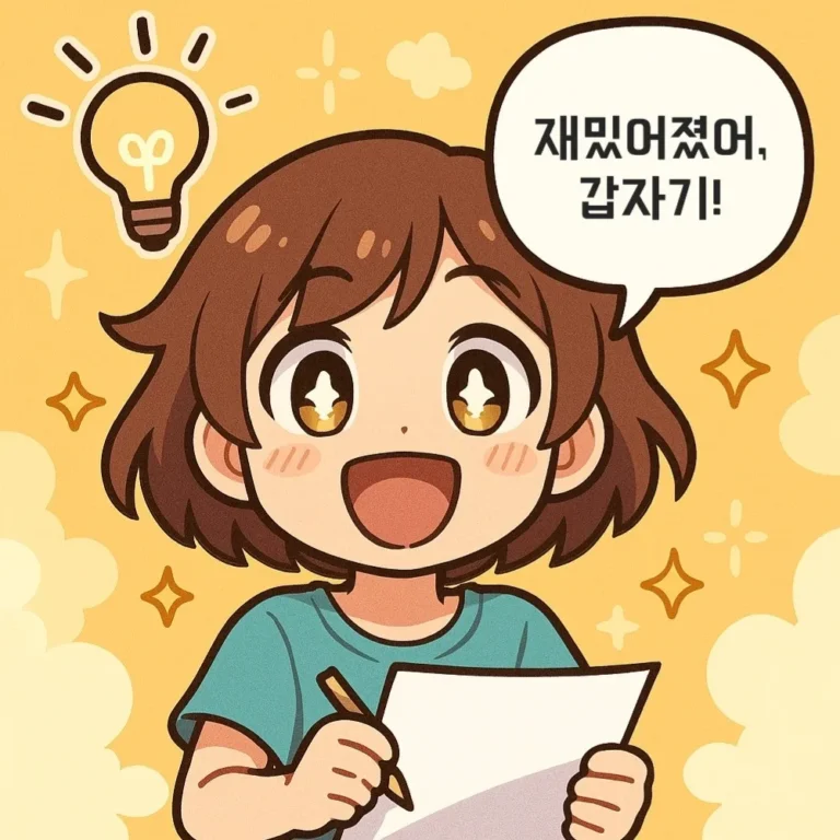 챗GPT 스토리를 만들때, 프롬프트 활용으로 글쓰기에 영감을 받아 '재밌어졌어, 갑자기!' 외치며 즐겁게 글을 쓰는 모습.