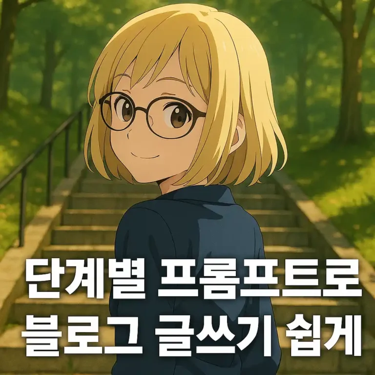 계단을 오르며 돌아보는 금발 안경 소녀의 모습, 햇살 가득한 공원 배경과 함께 ‘단계별 프롬프트로 블로그 글쓰기 쉽게’ 문구가 들어간 썸네일