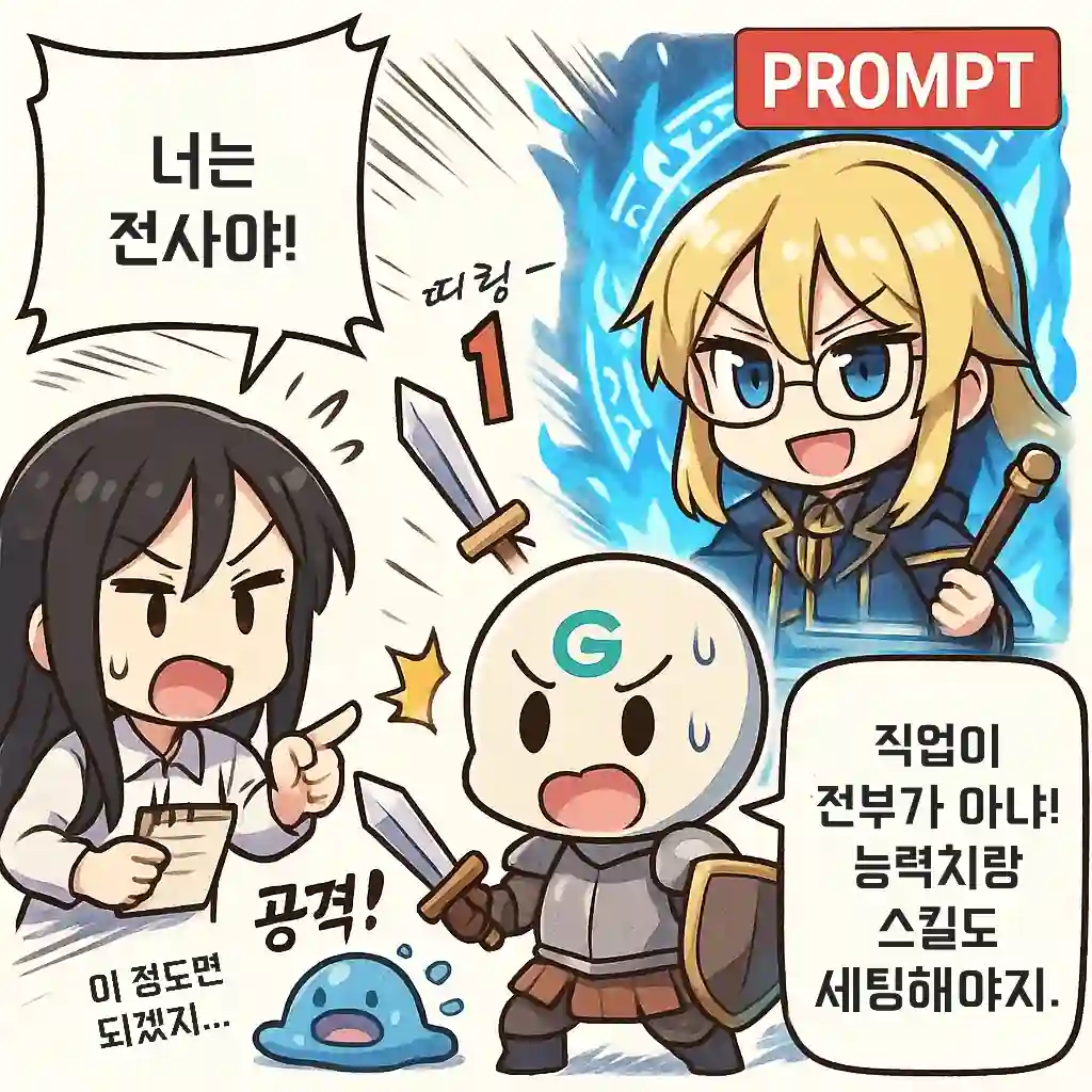 세 명의 SD 스타일 캐릭터가 등장하는 만화 한 컷. 왼쪽의 긴 검은 머리 여성은 "너는 전사야!"라고 외치며 종이를 들고 있고, 중앙의 GPT 전사 캐릭터는 작고 약한 슬라임을 공격하지만 데미지 1만 입힘. 오른쪽 상단의 금발 안경 전략가 캐릭터는 푸른 마법진 뒤에서 등장하며 "직업이 전부가 아냐! 능력치랑 스킬도 세팅해야지."라고 말하고 있다. 'PROMPT'라는 붉은 박스가 전략가 위에 배치됨.