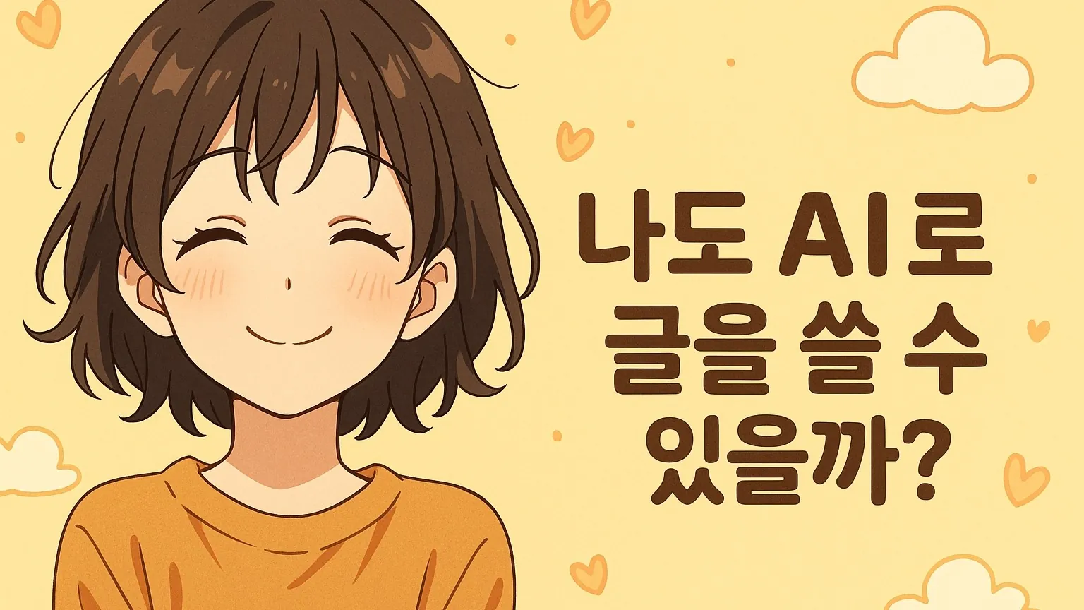 밝은 배경에 웃고 있는 단발 머리의 캐릭터가 그려진 일러스트. 오른쪽에는 '나도 AI로 글을 쓸 수 있을까?'라는 문구가 적혀 있다.