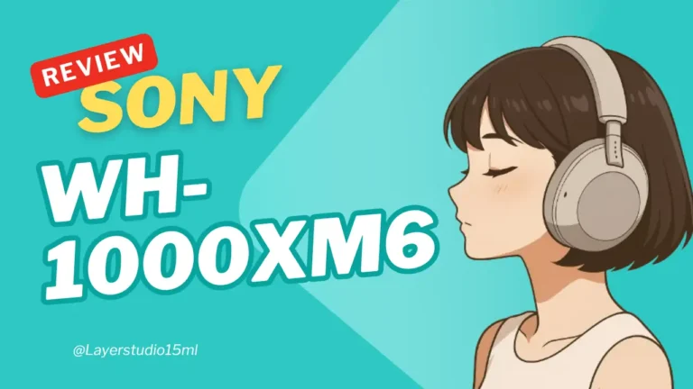 WH-1000XM6 헤드폰을 착용한 여성 일러스트와 제품명을 강조한 소니 WH-1000XM6 리뷰 썸네일 이미지