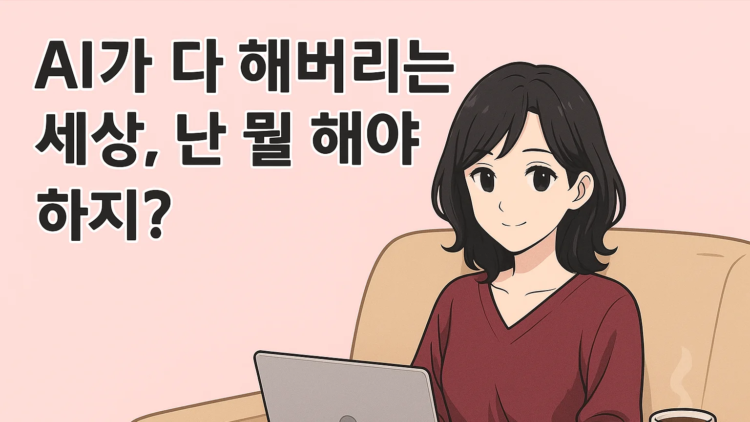 소파에 앉아 노트북을 사용하는 단발의 여성 캐릭터가 미소 짓고 있으며, 옆에는 김이 나는 커피잔이 놓여 있다. 이미지 왼쪽에는 "AI가 다 해버리는 세상, 난 뭘 해야 하지?"라는 문구가 쓰여 있다.