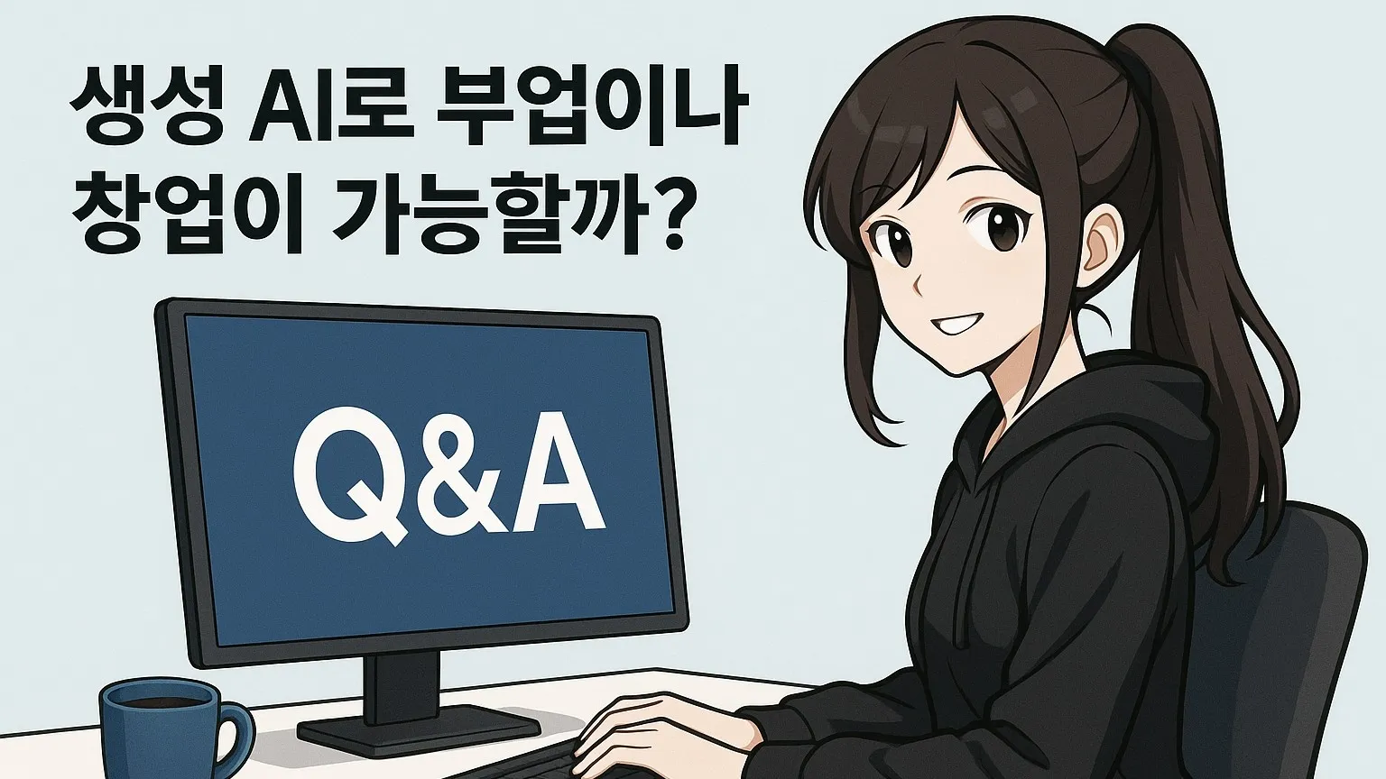 검은 후드티를 입은 젊은 여성 캐릭터가 책상에 앉아 컴퓨터로 타이핑하고 있다. 모니터에는 'Q&A'라는 글자가 표시되며, 배경은 밝고 단순한 사무실 분위기이다. 생성 AI와 관련된 정보 콘텐츠의 썸네일로 사용될 수 있는 일러스트.