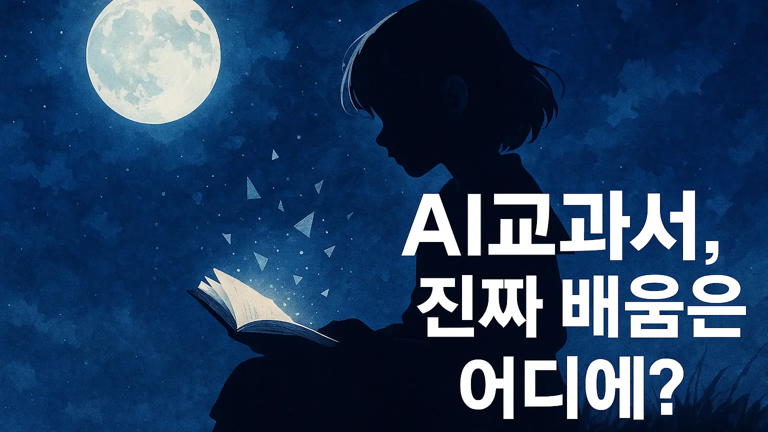달빛 아래 언덕에 앉아 책을 읽는 소녀 실루엣과, 책에서 나온 빛의 파편들이 밤하늘로 퍼져나가는 모습 위에 “AI교과서, 진짜 배움은 어디에?” 텍스트가 크게 배치된 워터컬러 스타일 썸네일 이미지.