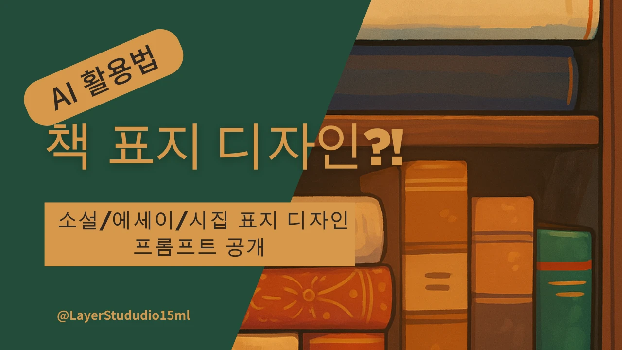 책 표지 디자인에 대한 AI 활용법을 소개하는 일러스트 이미지, 책장이 배경이며 강조된 타이포그래피가 배치됨