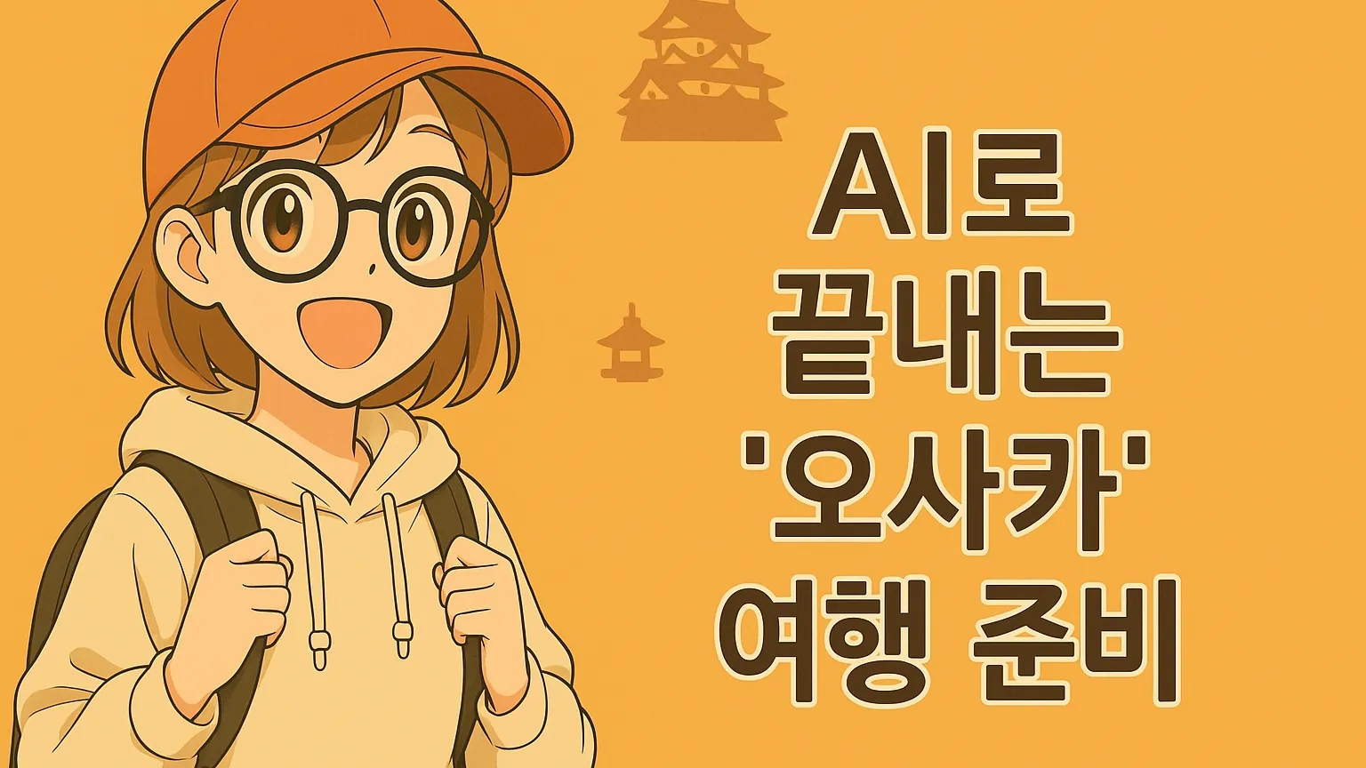 명랑한 표정의 20대 여성 여행자가 배경의 오사카성 아이콘과 함께 'AI로 끝내는 오사카 여행 준비'라는 문구와 함께 그려진 썸네일 일러스트