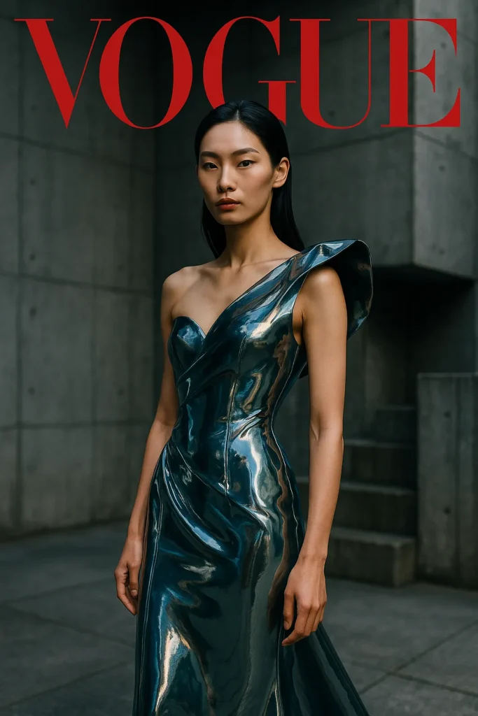 브루탈리스트 건축 배경 앞에서 미래지향적 금속 드레스를 입고 포즈를 취한 모델의 VOGUE 스타일 하이패션 잡지 커버 이미지
