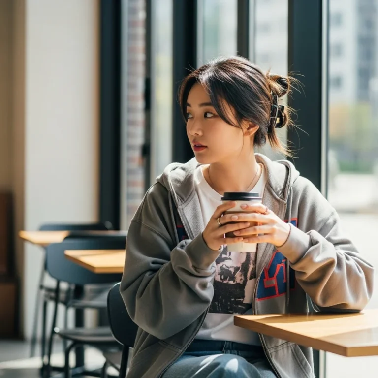 카페 창가에 앉아 따뜻한 커피잔을 두 손으로 감싸 쥔 젊은 여성. 자연스럽게 옆을 바라보는 순간을 포착한 사진.