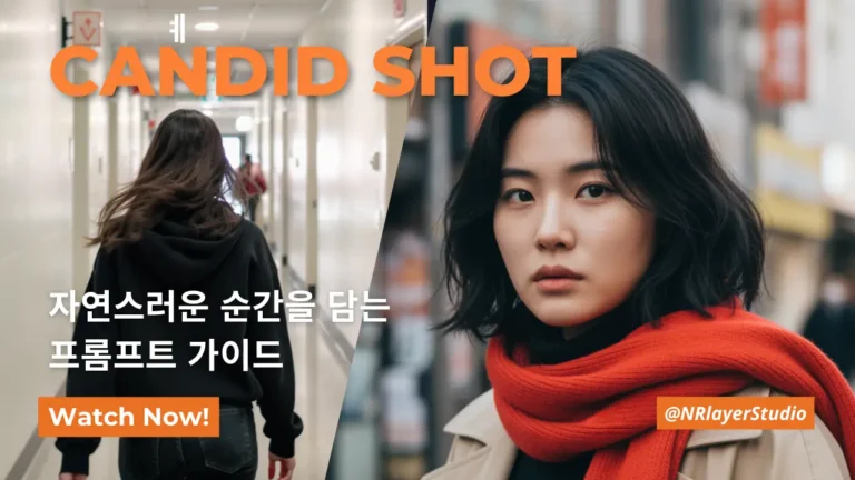 Candid Shot 프롬프트 가이드를 소개하는 이미지. 왼쪽에는 뒷모습으로 복도를 걷는 여성, 오른쪽에는 빨간 목도리를 두른 여성이 정면을 바라보고 있으며, 상단에는 CANDID SHOT, 하단에는 자연스러운 순간을 담는 프롬프트 가이드라는 문구가 적혀 있다.