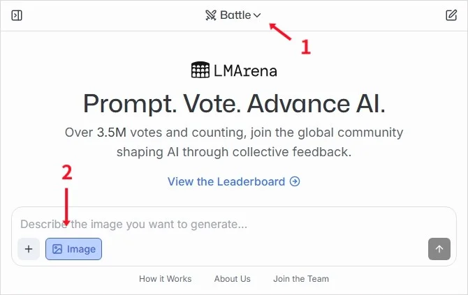 '나노 바나나' 테스트가 가능한 LMArena 홈페이지 화면. 상단에 Battle 메뉴와 Prompt. Vote. Advance AI. 문구가 보이며, 좌측 하단에 이미지 업로드 버튼이 강조되어 있다.