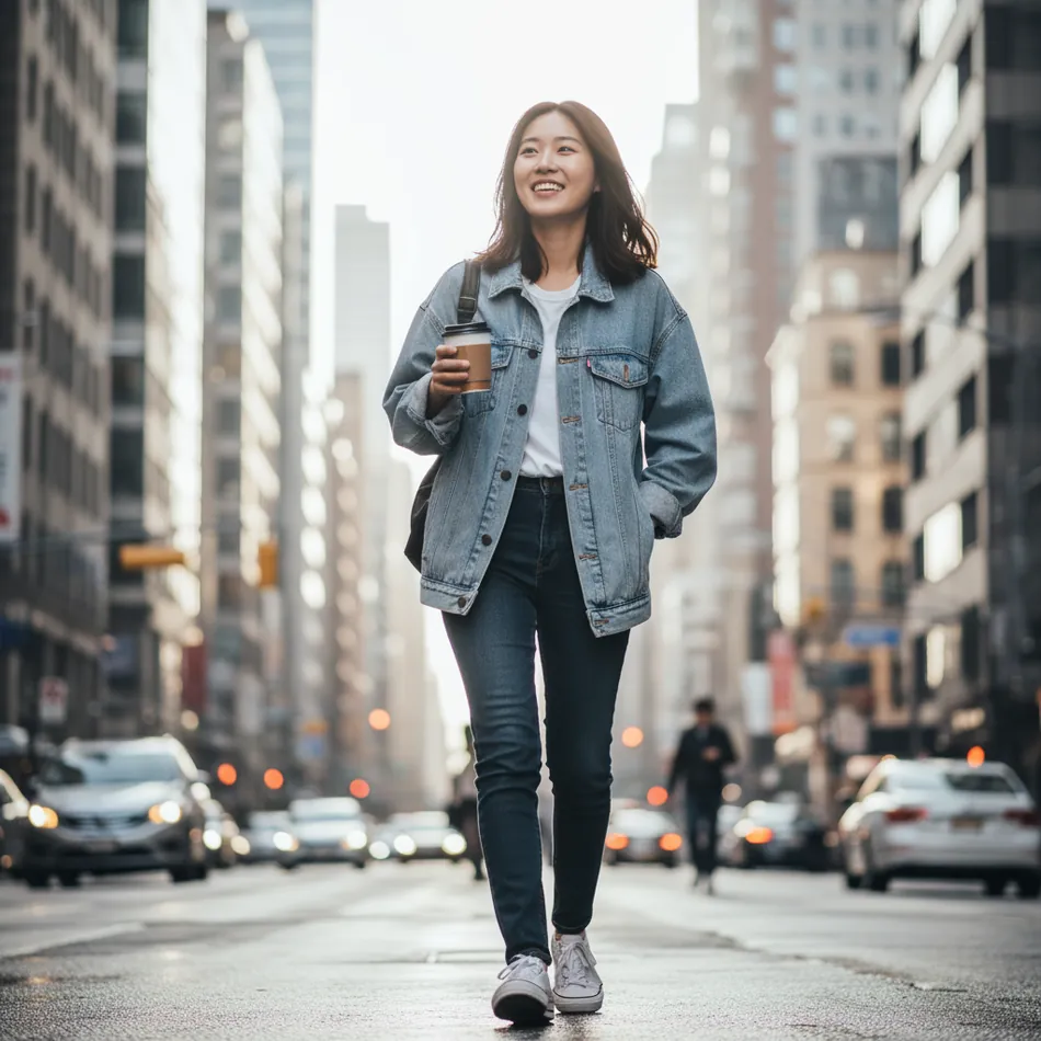 도시 거리에서 커피를 들고 걷는 청바지 차림 여성