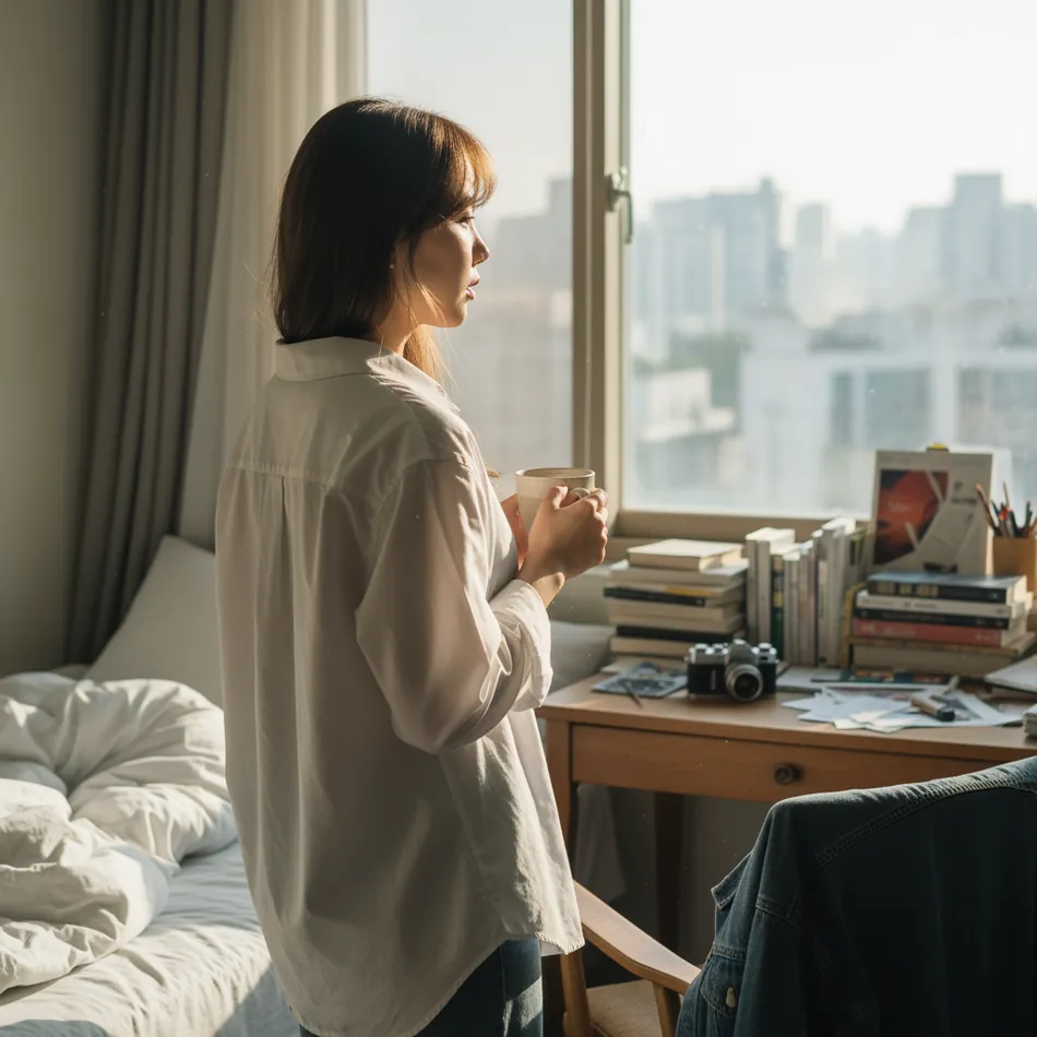 창가에서 커피잔을 들고 바깥을 바라보는 여성