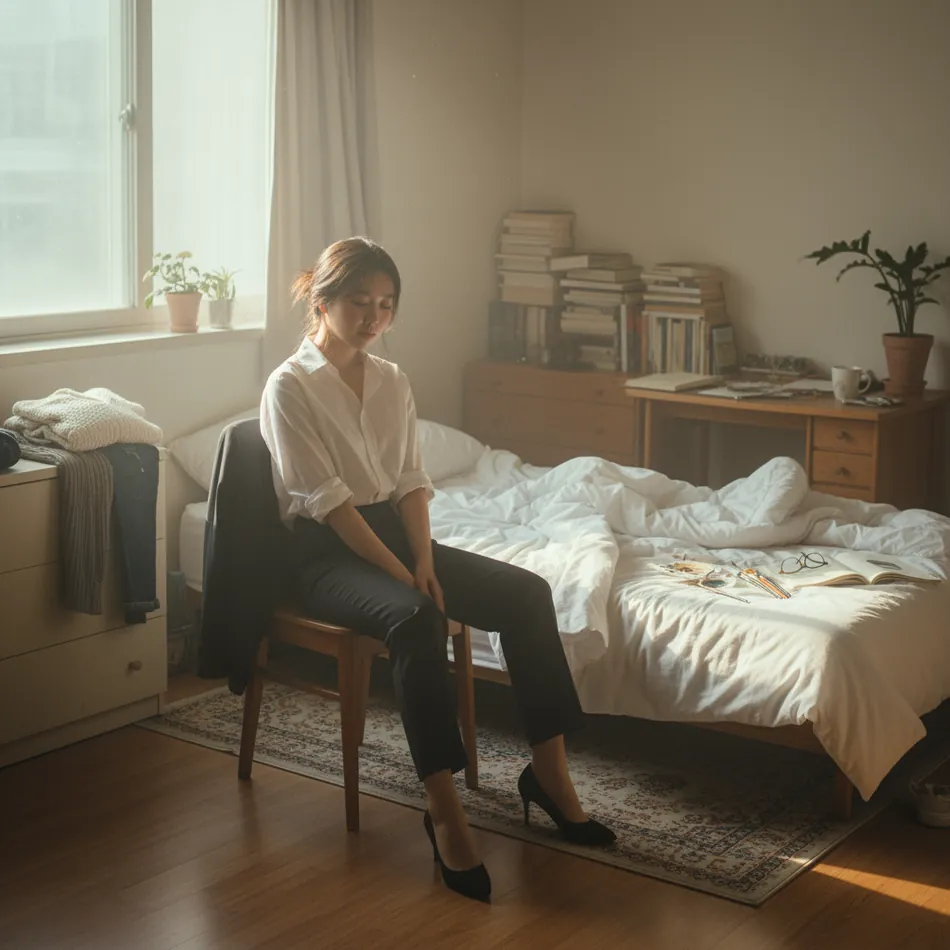 침대 옆 의자에 앉아 아침 햇살을 받는 여성