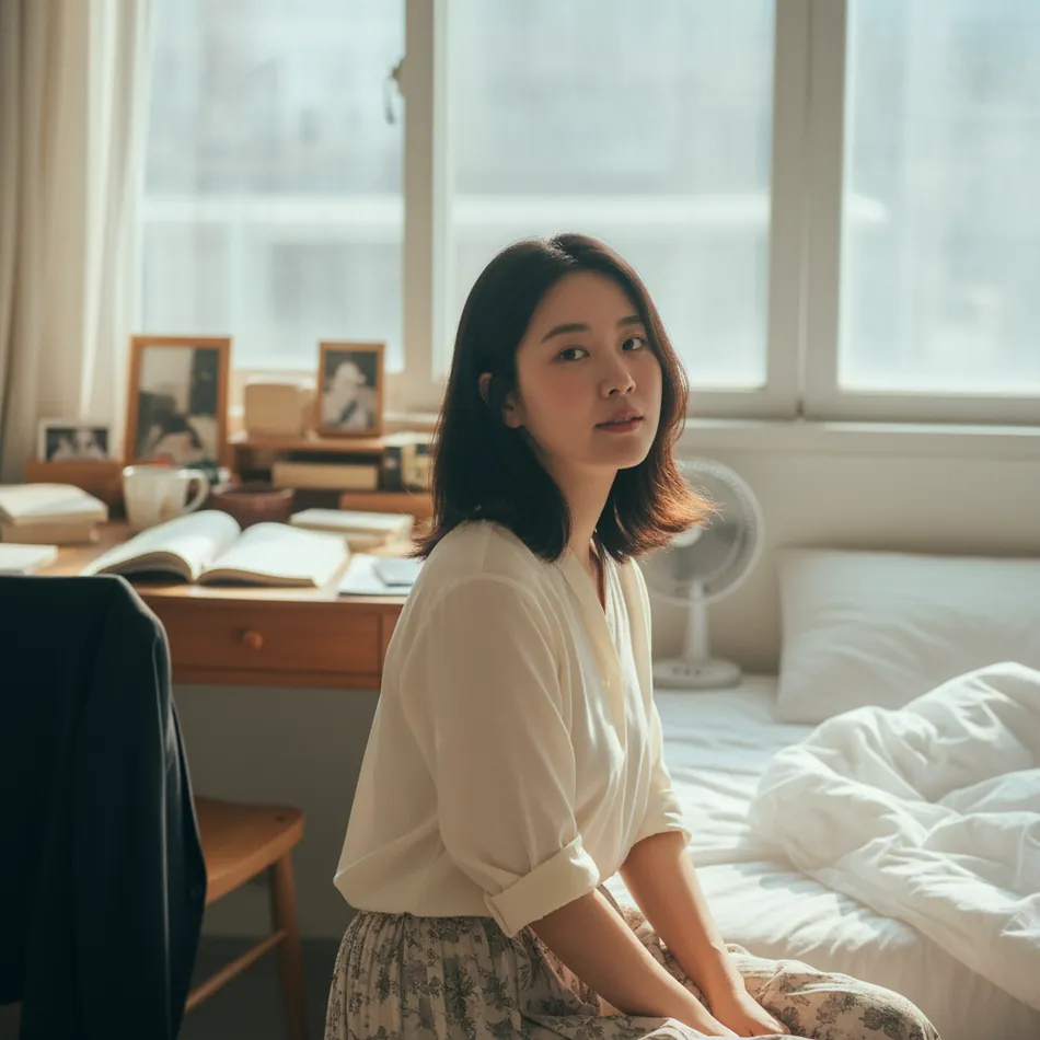 책상 앞 창가에서 앉아 카메라를 바라보는 여성
