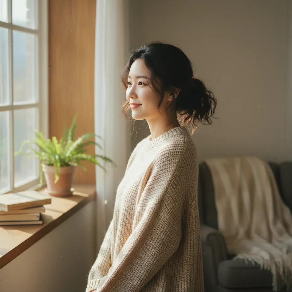 창가에 앉아 미소 짓는 여성이 따뜻한 실내 분위기 속에서 촬영된 사진