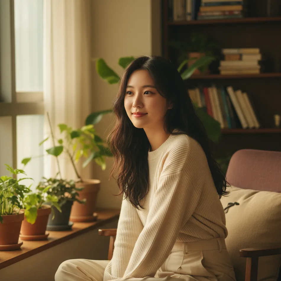 창가에 앉아 미소 짓는 여성이 책장이 있는 실내 공간에서 촬영된 사진