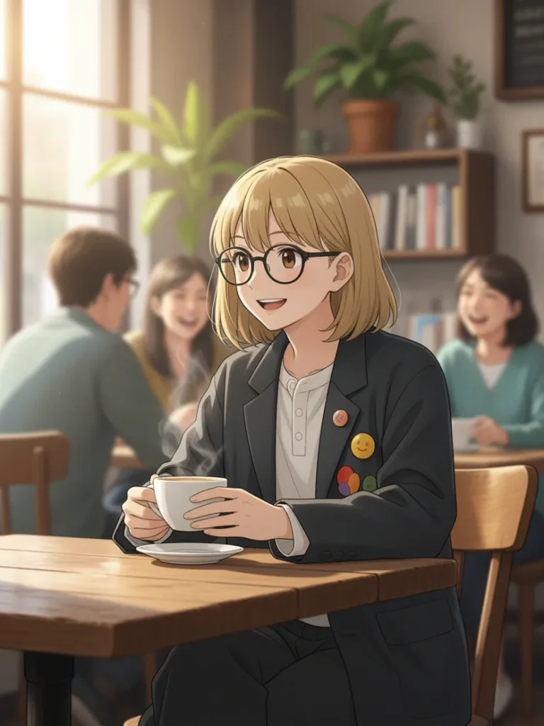 노란 단발머리 안경 캐릭터가 카페에서 커피를 들고 미소를 지으며 대화하는 장면, 밝고 따뜻한 분위기의 애니메이션 스타일.