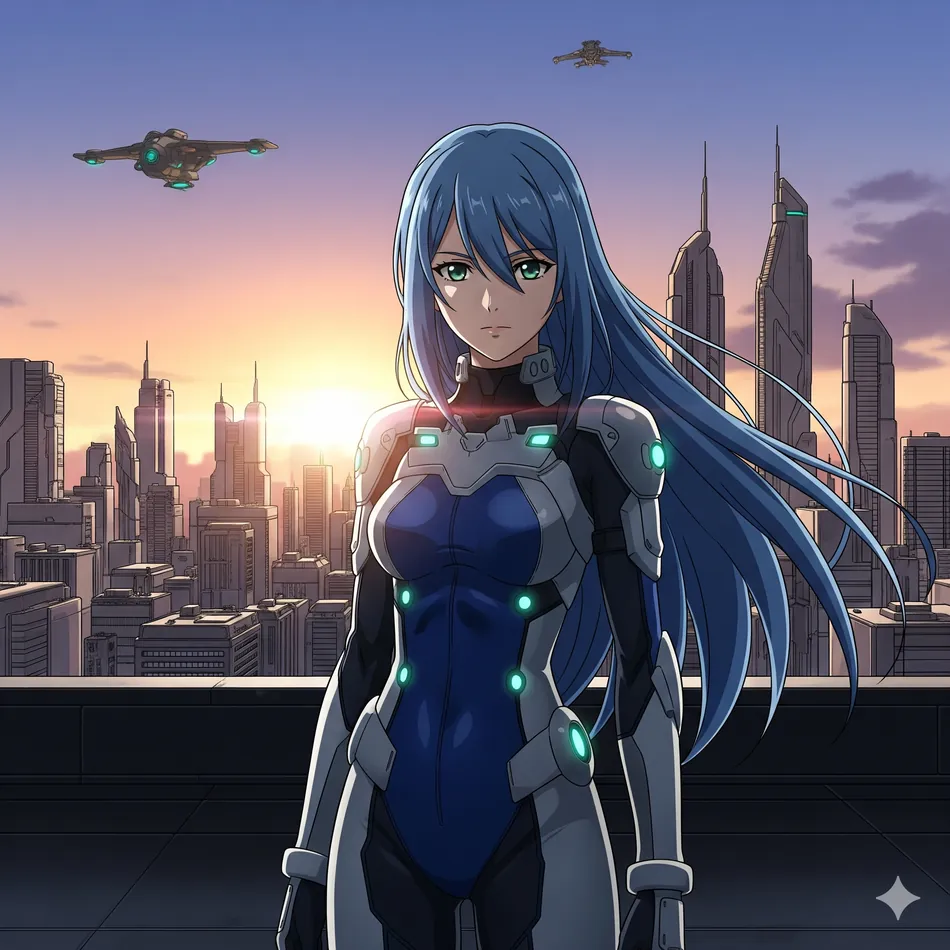 青い髪の女性キャラクターが未来都市の夕日を背景に戦闘服を着て立っているシーン、アニメーションセルシェーディングスタイル