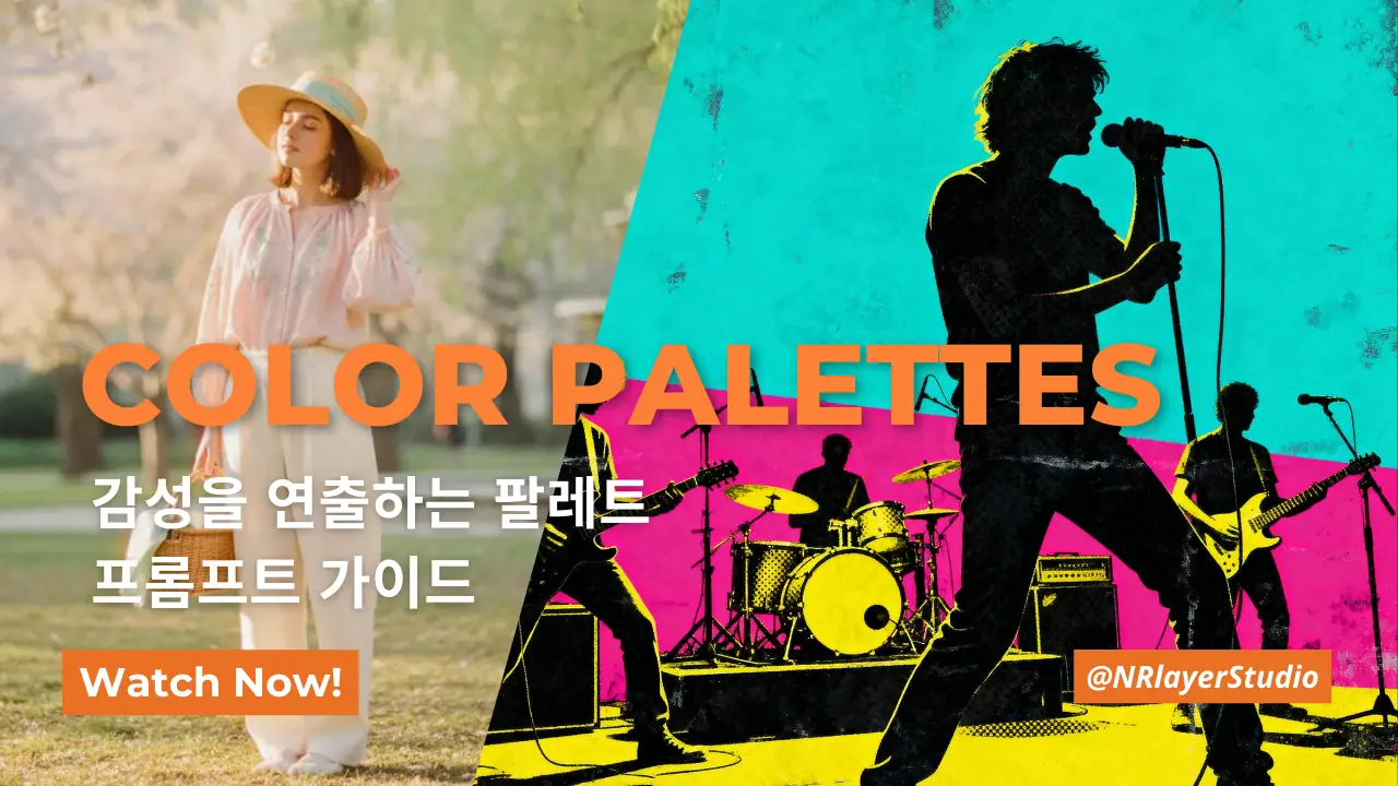 감성을 연출하는 팔레트 프롬프트 가이드 썸네일 이미지, 좌측은 자연광 속 여성, 우측은 네온 색상의 밴드 공연 실루엣