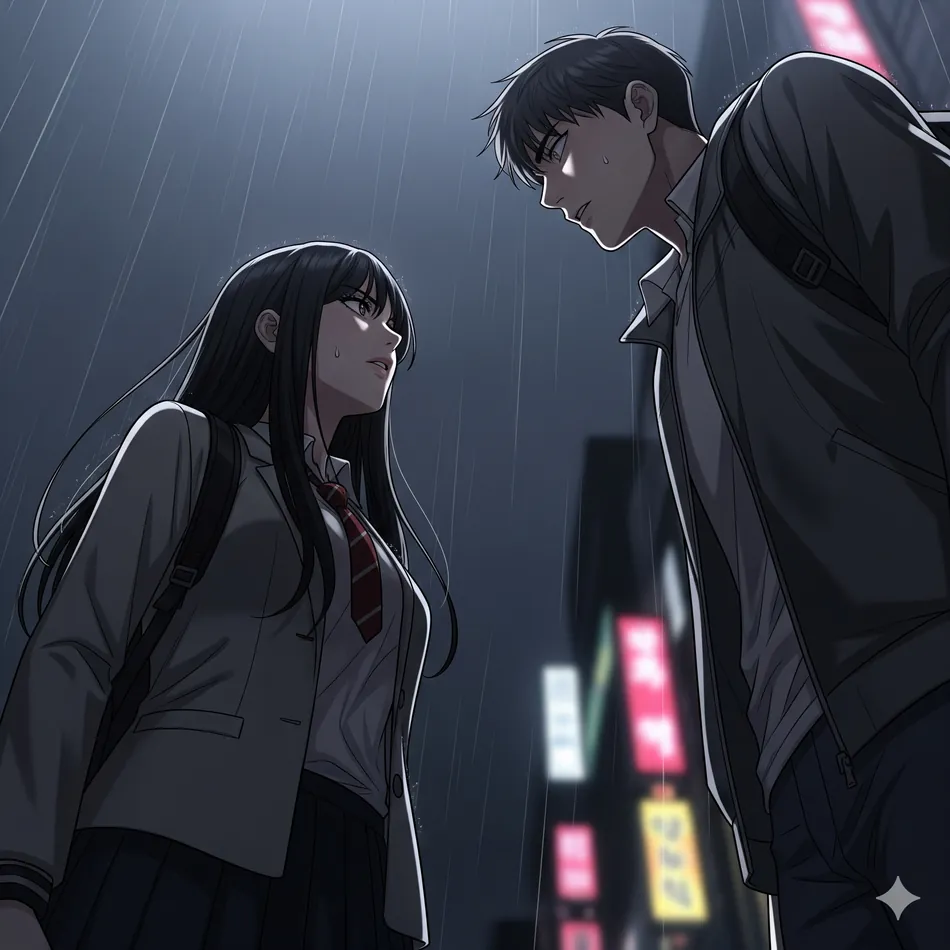 雨の降る夜の街で互いに向かい合って立っている男女の学生を劇的な視点で描いたドラマウェブトゥーンのシーン。