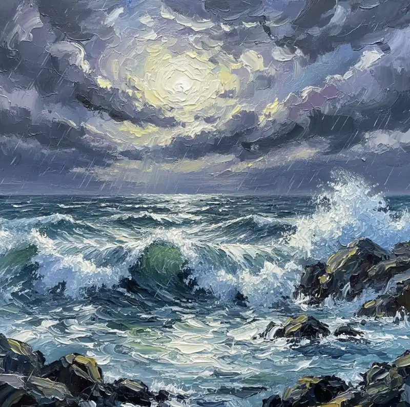 嵐の海、荒波と黒雲の間から輝く月光を表現した油絵風の風景画