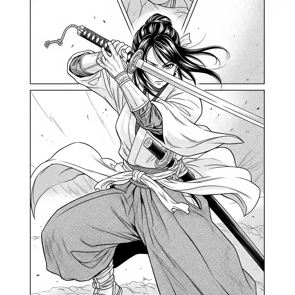 剣を両手で構えて戦闘態勢をとる侍の女性キャラクター、モノクロ漫画トーンスタイル
