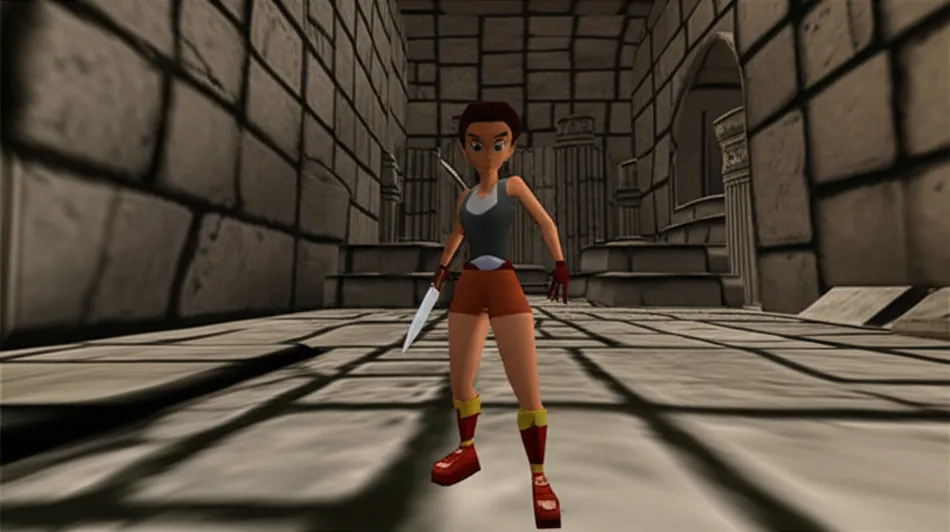 古代遺跡の内部で剣を持った女性冒険家キャラクター、レトロ3Dローポリゲーム風グラフィック