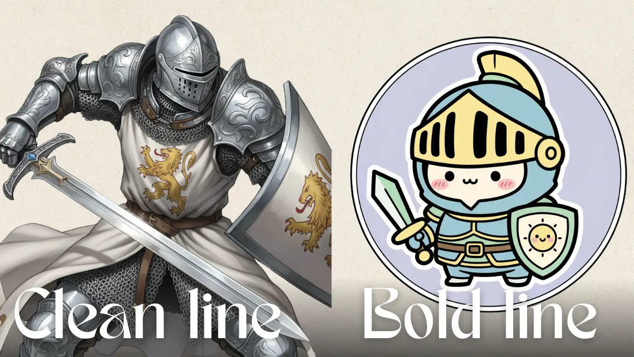갑옷을 입은 사실적인 기사 일러스트(Clean line)와 귀엽게 단순화된 기사 캐릭터(Bold line)를 비교한 이미지