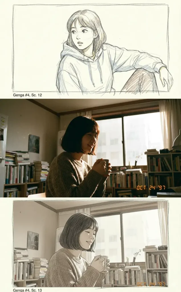 세 장의 이미지를 하나로 세로 병합한 구성으로, 첫 번째는 펜 드로잉 스타일의 여성 캐릭터 초상, 두 번째는 실내에서 따뜻한 햇빛 아래 커피를 들고 미소 짓는 여성 사진, 세 번째는 이를 애니메이션 콘티풍으로 재해석한 일러스트 장면이다.