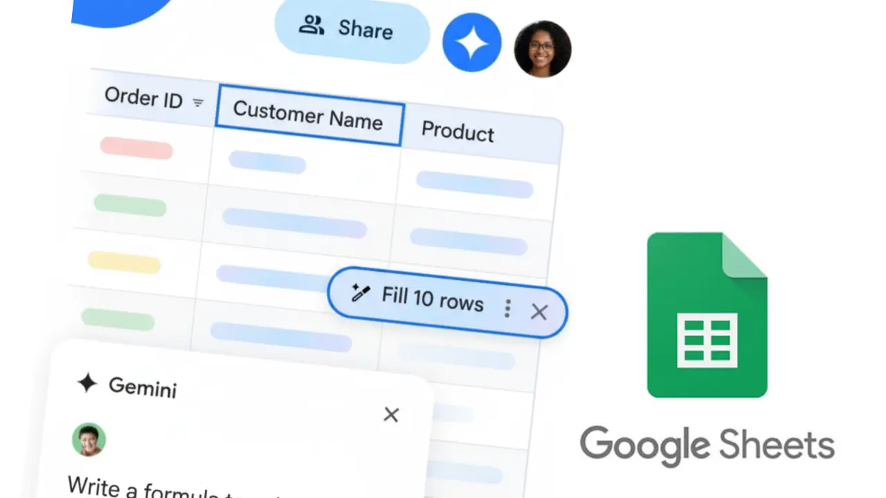 구글 시트(Google Sheets) 화면에 제미나이(Gemini) AI가 Fill 10 rows 제안을 표시하는 모습. AI가 표 데이터를 자동으로 채우는 기능을 보여주는 예시 이미지.