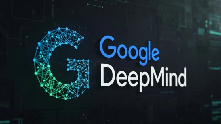 Google DeepMind 로고 이미지. 파란색과 초록색 점과 선이 연결된 대문자 G 옆에 ‘Google DeepMind’라는 텍스트가 파란색과 흰색으로 표시된 인공지능 연구 브랜드의 공식 로고 디자인