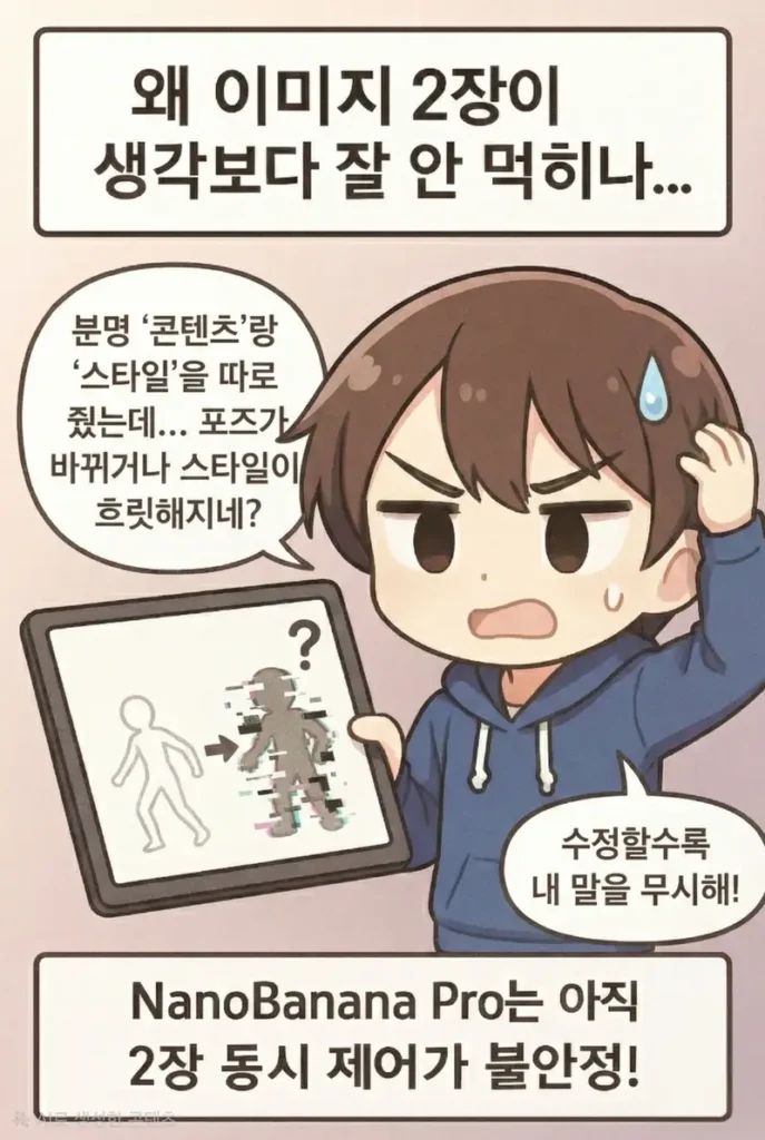 나노바나나 프로에서 이미지 2장을 동시에 사용하면 포즈가 바뀌거나 스타일이 흐릿해지는 문제를 설명하는 귀여운 그림 형식의 안내 이미지