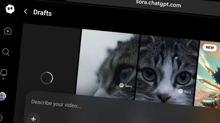 Sora 영상 생성 플랫폼의 초안(Drafts) 화면을 보여주는 스크린샷으로, 고양이 영상 썸네일과 NEW 표시가 있는 새 영상 프리뷰가 함께 표시된 모습