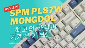 SPM PL87W MONGDOL 기계식 키보드 리뷰 썸네일 이미지, 베이지와 블루 톤 키보드와 텍스트 '최고의 가성비 기계식 키보드'가 포함된 디자인