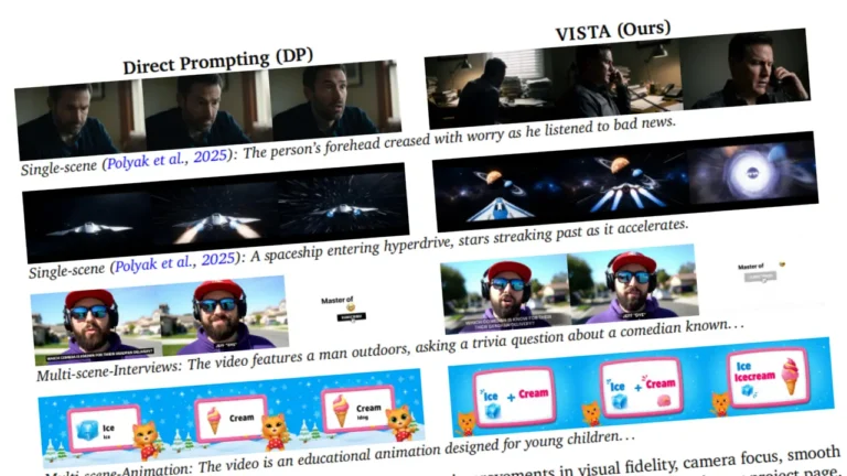 구글 VISTA와 기존 Direct Prompting 비교 이미지 — 동일한 장면을 AI가 각각 생성한 결과를 나란히 보여주며, VISTA 쪽이 조명, 구도, 디테일 측면에서 더 자연스럽고 영화적인 품질을 나타냄.