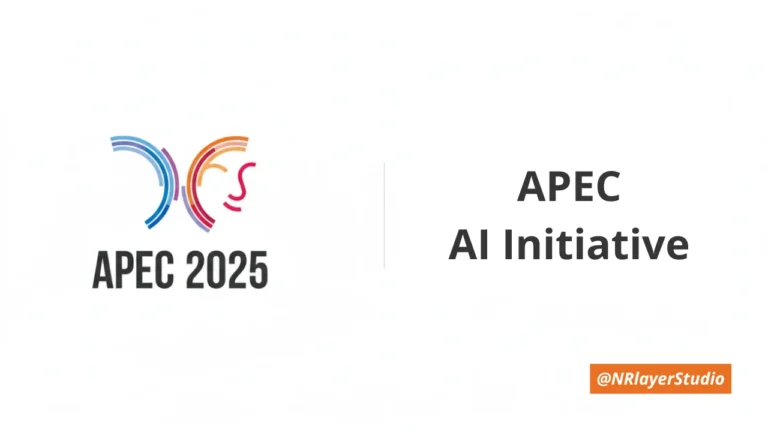 APEC 2025 로고와 APEC AI Initiative 문구가 나란히 배치된 이미지. 왼쪽에는 APEC 2025 로고, 오른쪽에는 검은색 글씨로 AI Initiative가 적혀 있으며, 오른쪽 하단에는 @NRlayerStudio 표시가 있다.