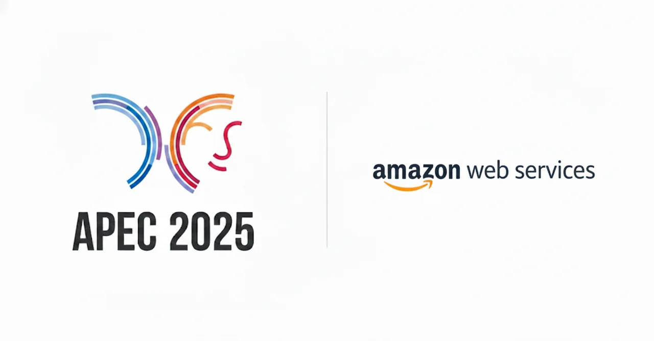 APEC 2025 로고와 아마존 웹 서비스(AWS) 로고가 나란히 배치된 이미지로, 글로벌 기술 협력과 클라우드 혁신을 상징한다.